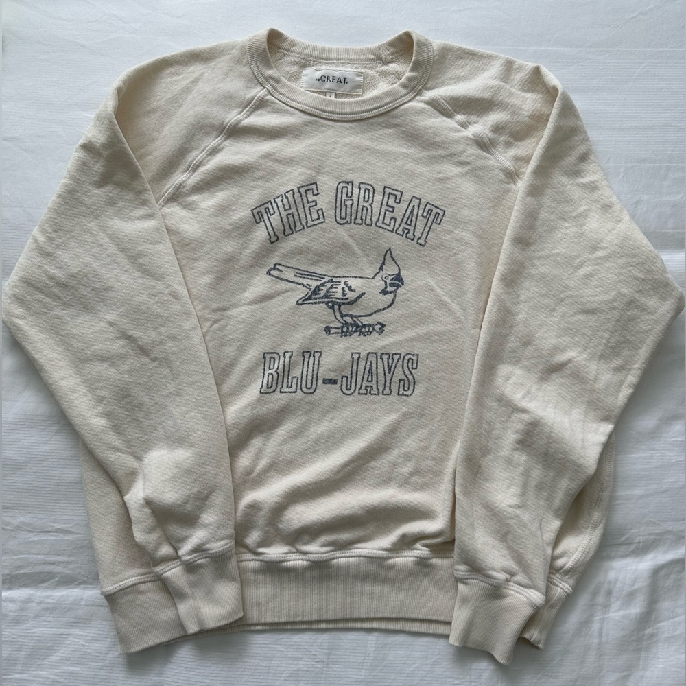 The Great College Sweatshirt with Blu-Jay graphic in Washed White - Size 1 (S).